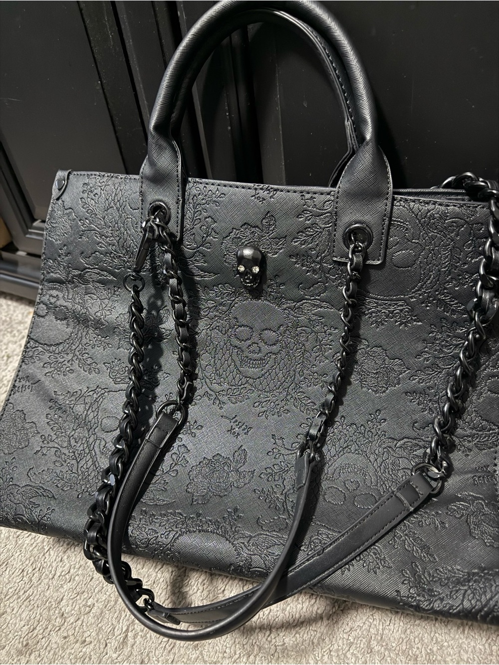 Betsey Johnson Black Embossed Skull Tote with Chain-Strap
